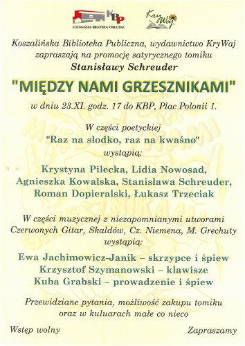 Plakat promujący tomik Stanisławy Schreuder „Między nami grzesznikami”