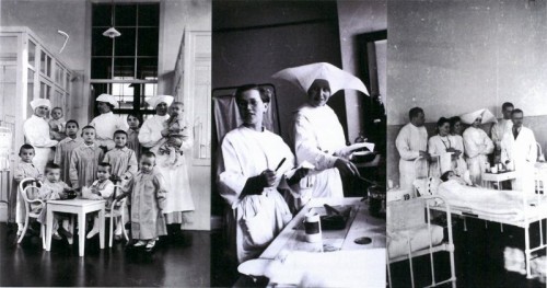 Grafika promująca wystawę „Pielęgniarki w habitach. Żeńskie zgromadzenia zakonne w posłudze chorym”