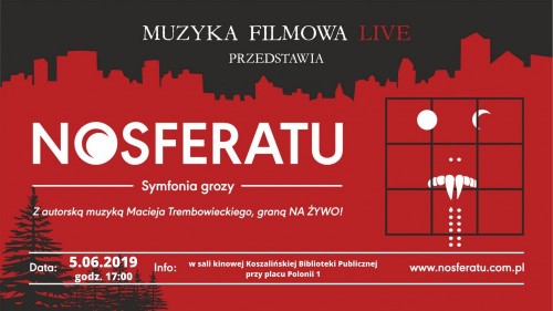 Grafika promująca pokaz niemego filmu „Nosferatu - symfonia grozy” z muzyką zagraną na żywo