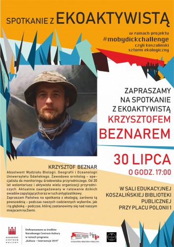 Plakat promujący spotkanie z ekoaktywistą Krzysztofem Beznarem